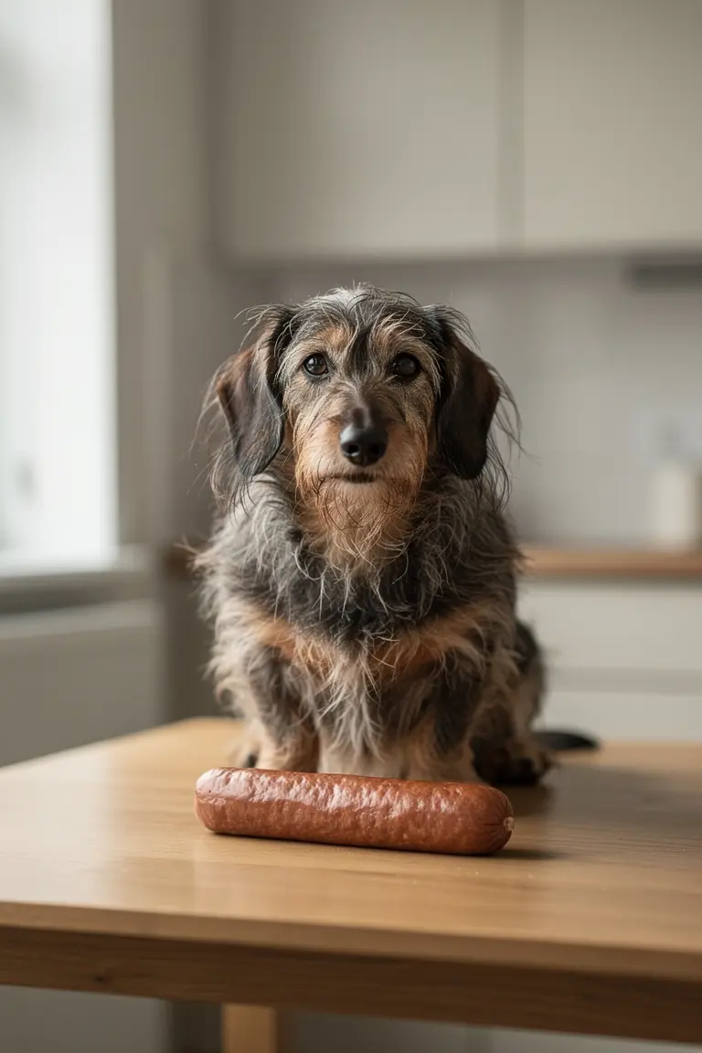 A dachshund with a sausage in a kitchen, clean photographic style