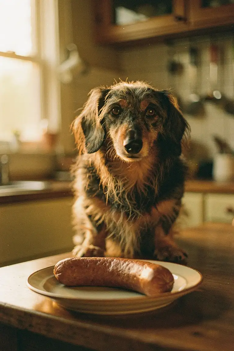 A dachshund with a sausage in a kitchen, warm cozy style
