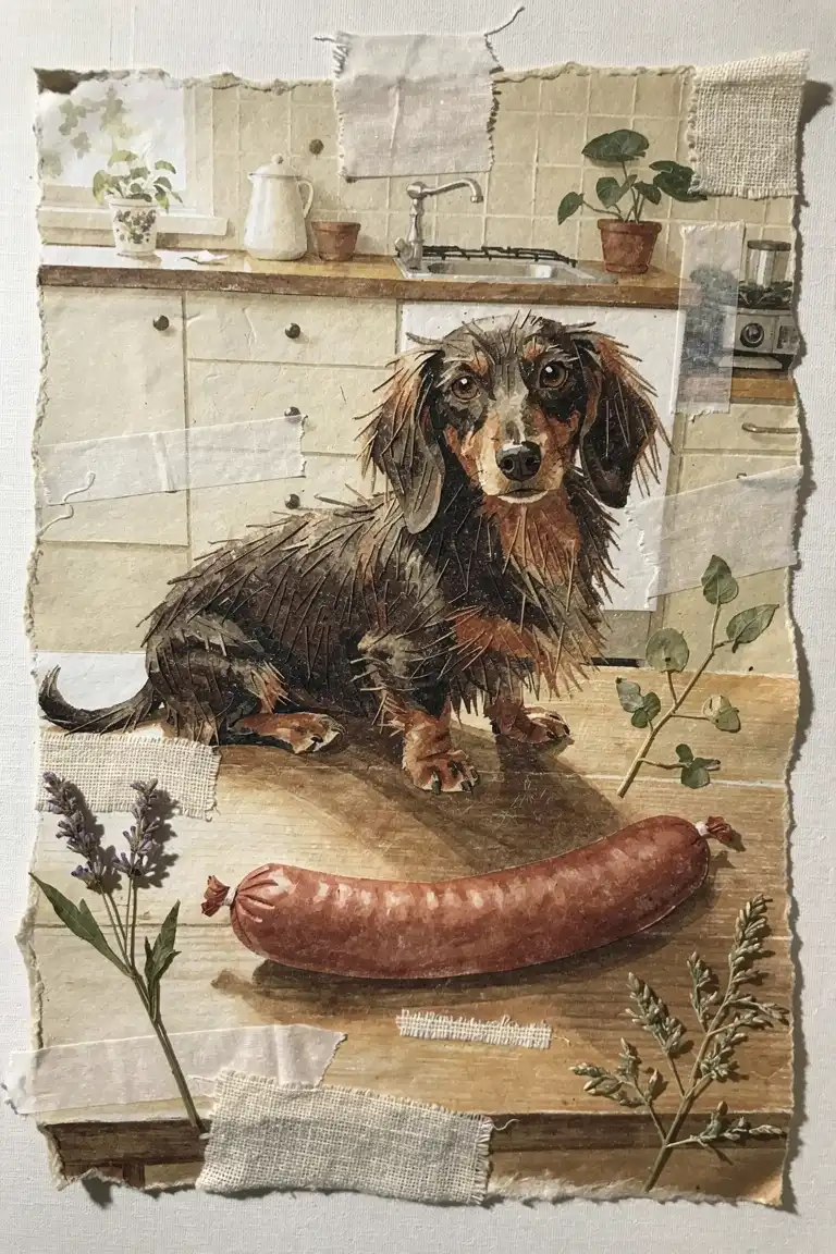A dachshund with a sausage in a kitchen, collage scrapbook style
