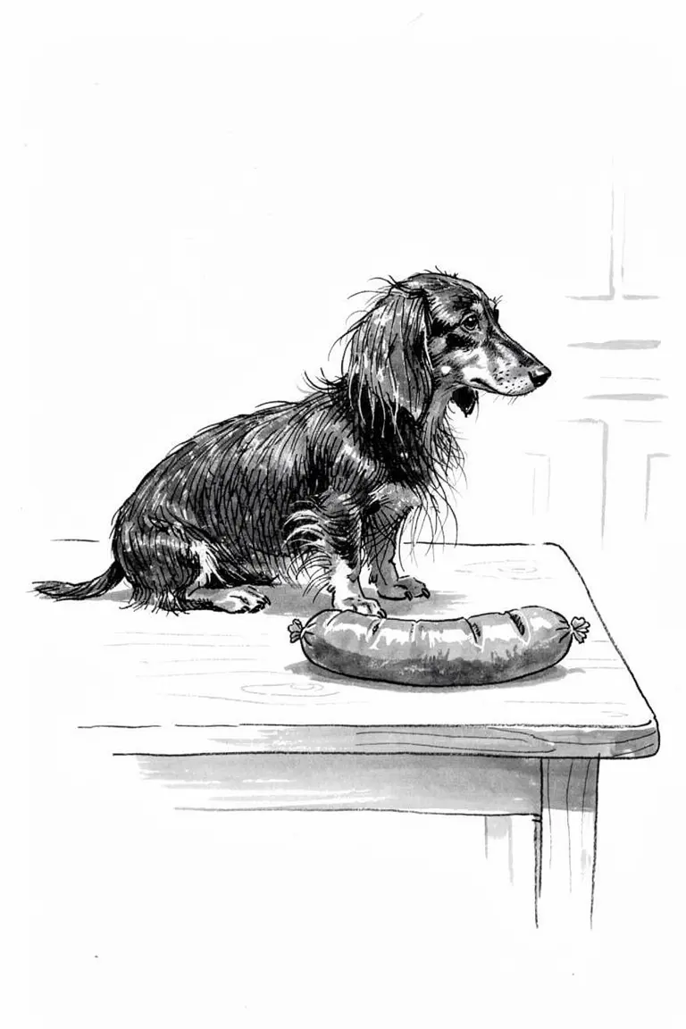 A dachshund with a sausage in a kitchen, hand-drawn ink sketch style