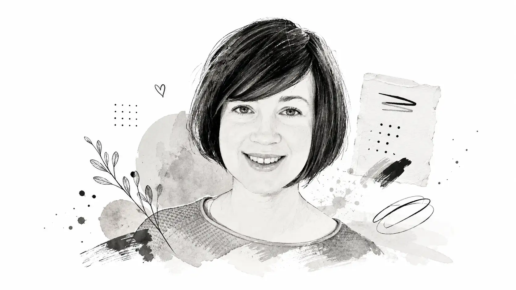 Illustrated portrait of Elisabeth Wimmer, a hand-drawn sketch with scrapbook elements