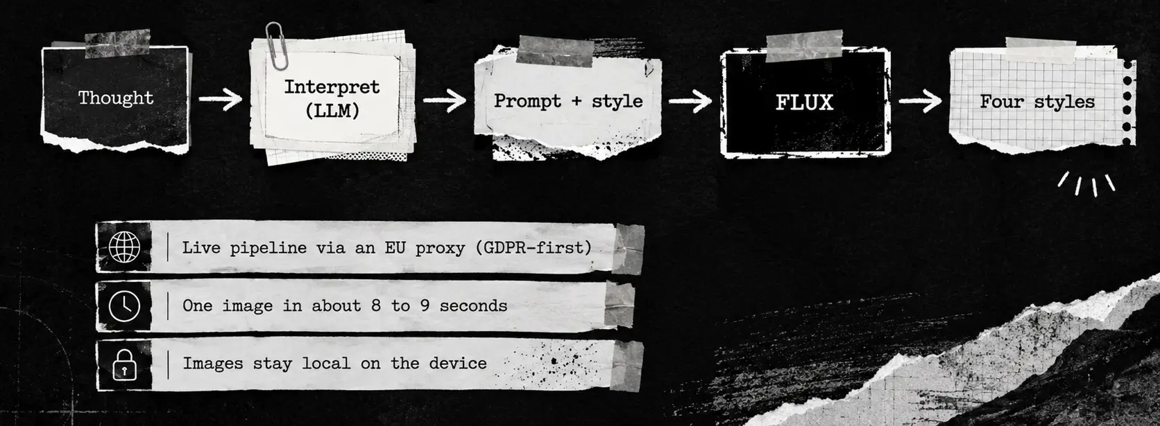 The Yumindo pipeline: a thought is interpreted by a language model, turned into an image prompt combined with a fixed style, sent to FLUX, and rendered in four styles. Live pipeline via an EU proxy (GDPR-first); one image in about 8 to 9 seconds; images stay local on the device.